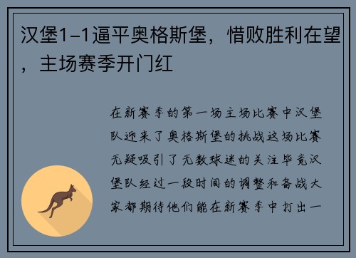 汉堡1-1逼平奥格斯堡，惜败胜利在望，主场赛季开门红